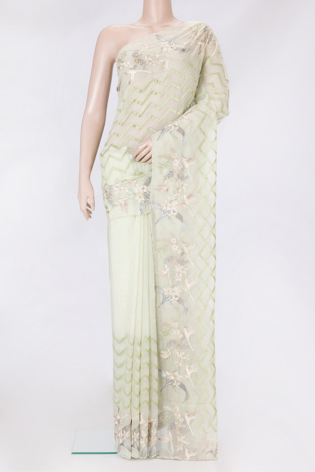 Pista Green Dual Tone Kota Silk Saree with Embroidery on the body and Embroidery Border.  displayed on a mannequin