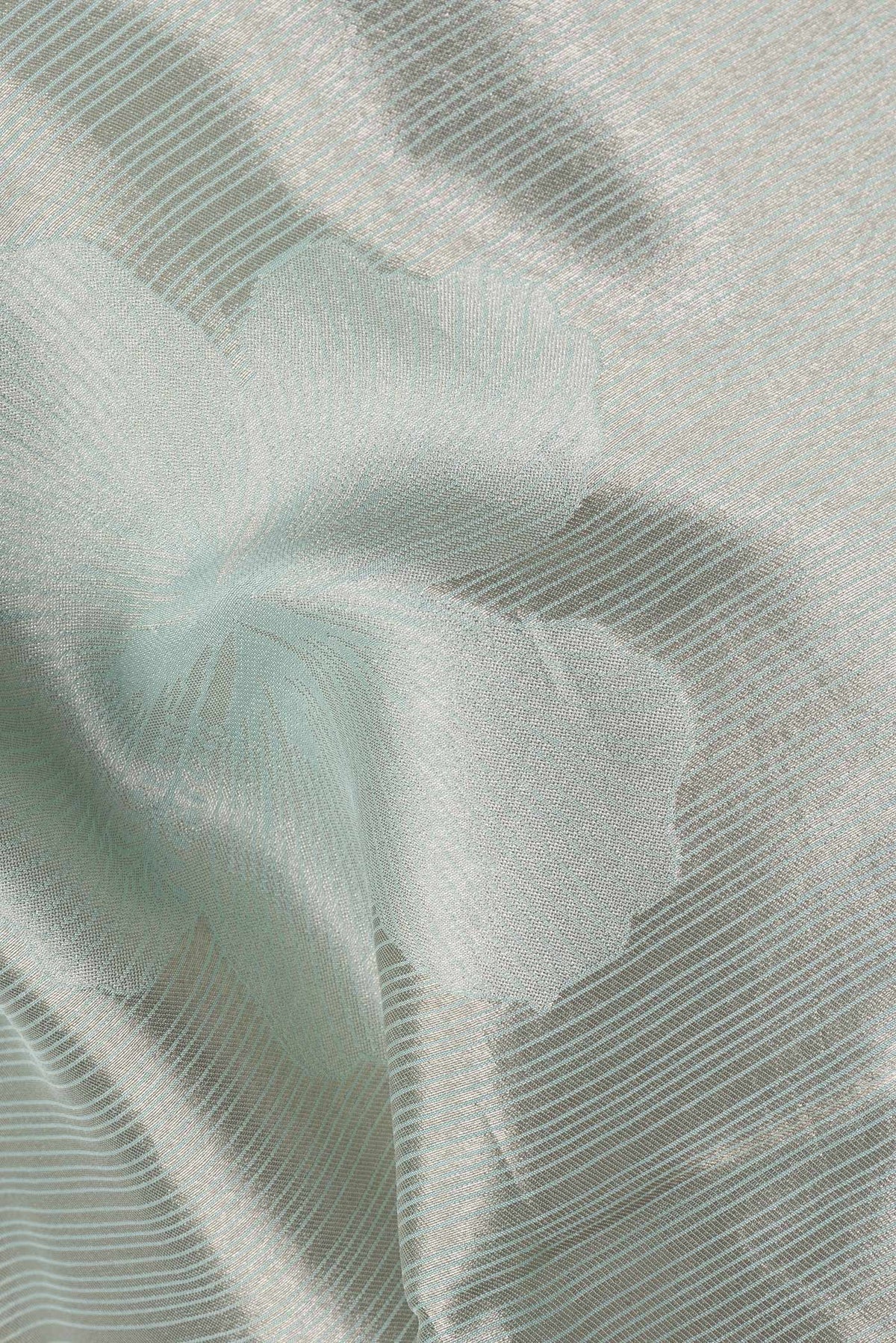 Close up of Sea Green Dual Tone Mysore Georgette Saree with Embroidery on the body and Embroidery Border.  displaying folds