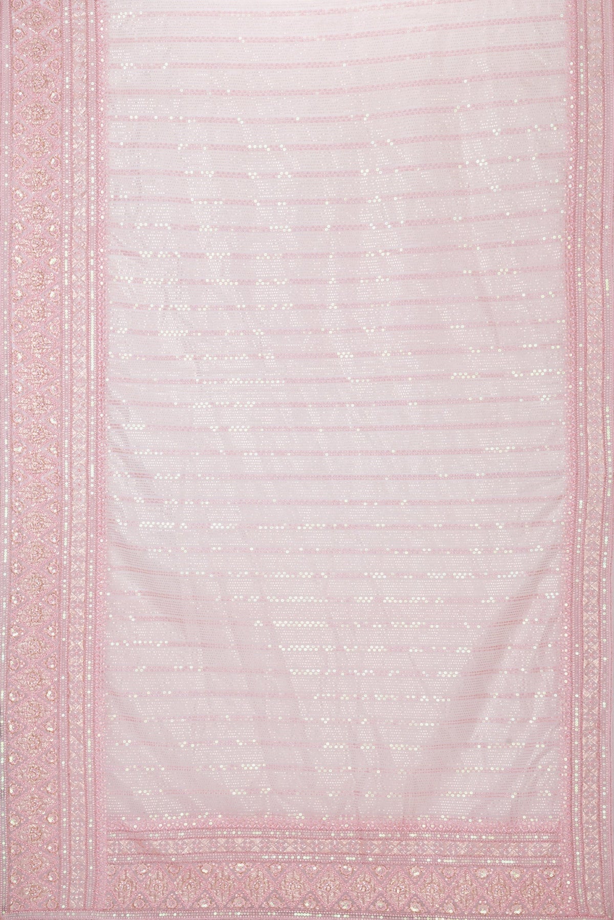 Flat view of Pink Dual Tone Organza Silk Saree with Embroidery on the body and Embroidery Border. 