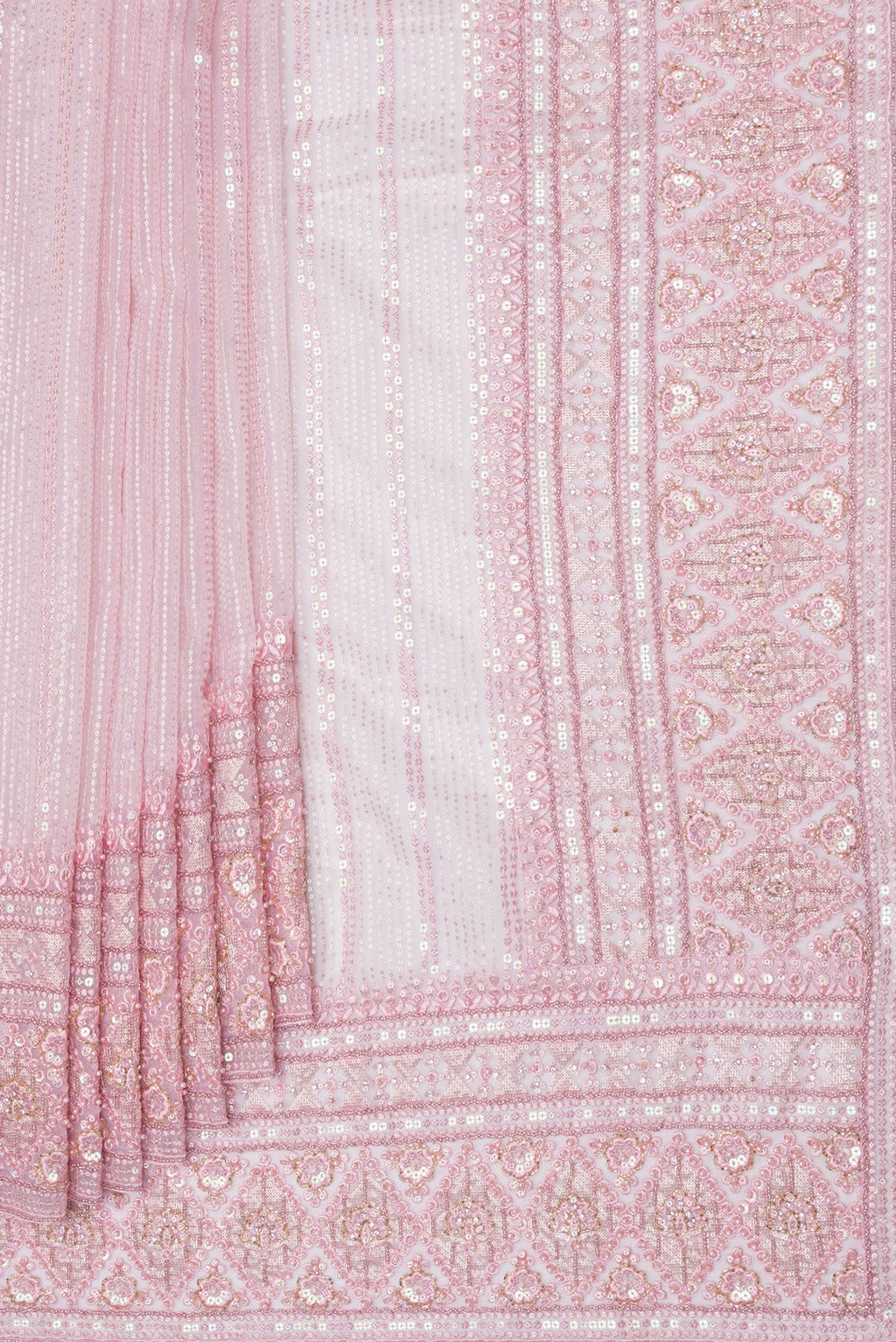 Pleats and pallu of Pink Dual Tone Organza Silk Saree with Embroidery on the body and Embroidery Border. 