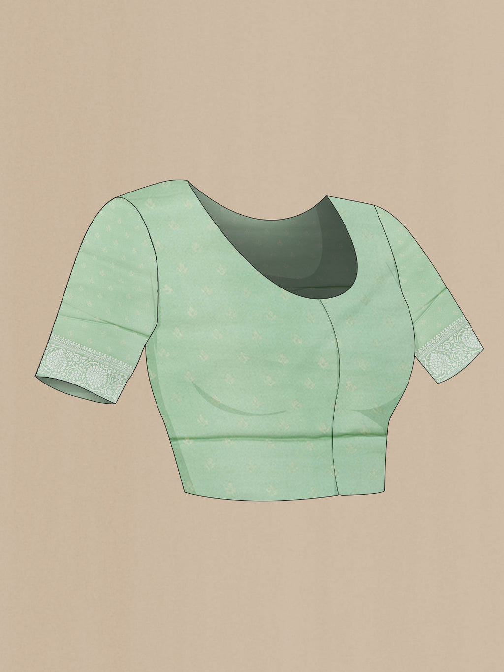 Close up image of the blouse of Green and Grey Color Organza Silk Saree with Zari Butta on the body and Zari Border. 