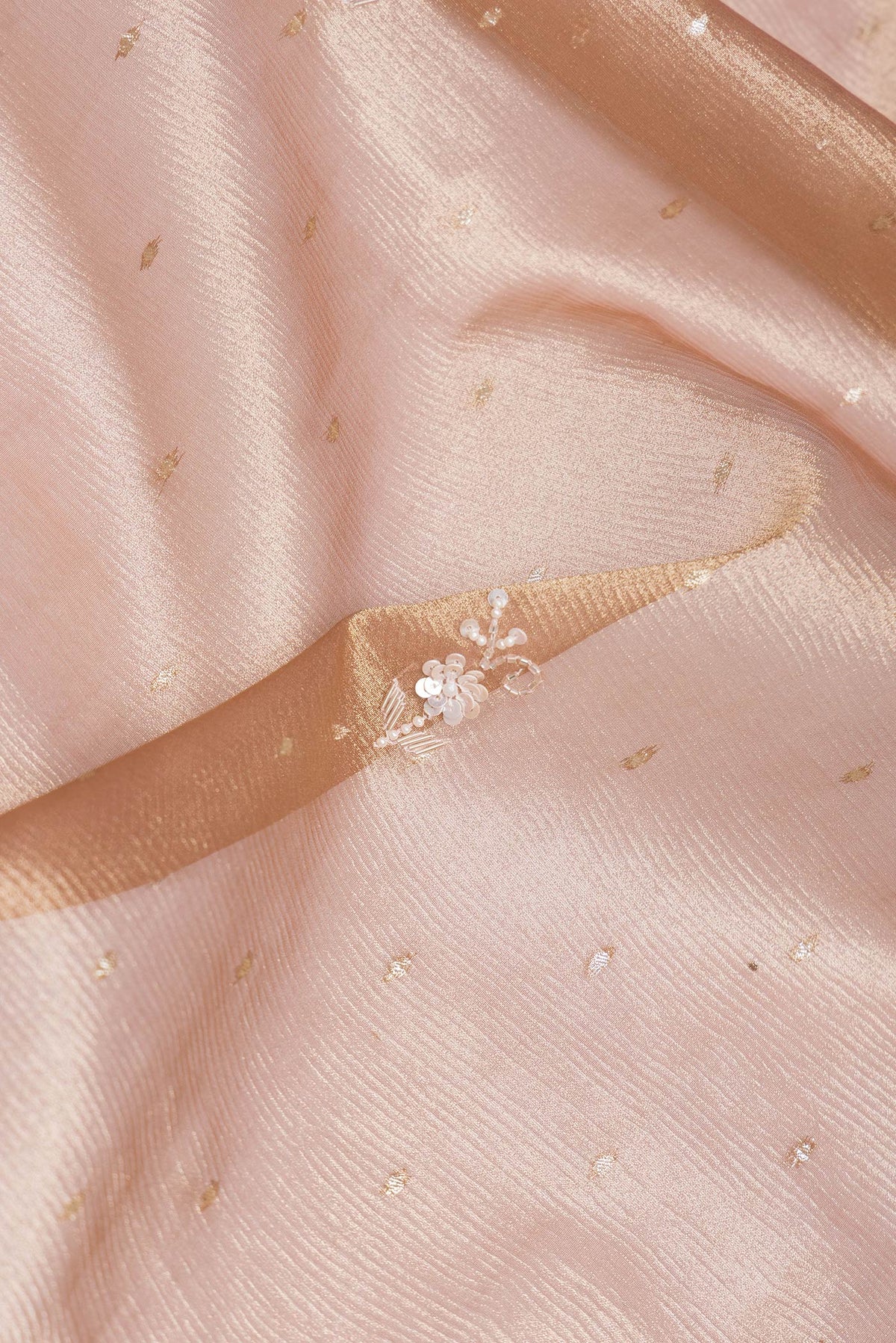 Close up of Rose Gold Dual Tone Organza Silk Saree with Embroidery on the body and Embroidery Border.  displaying folds