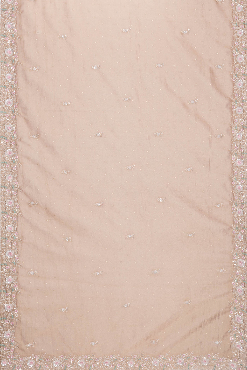 Flat view of Rose Gold Dual Tone Organza Silk Saree with Embroidery on the body and Embroidery Border. 