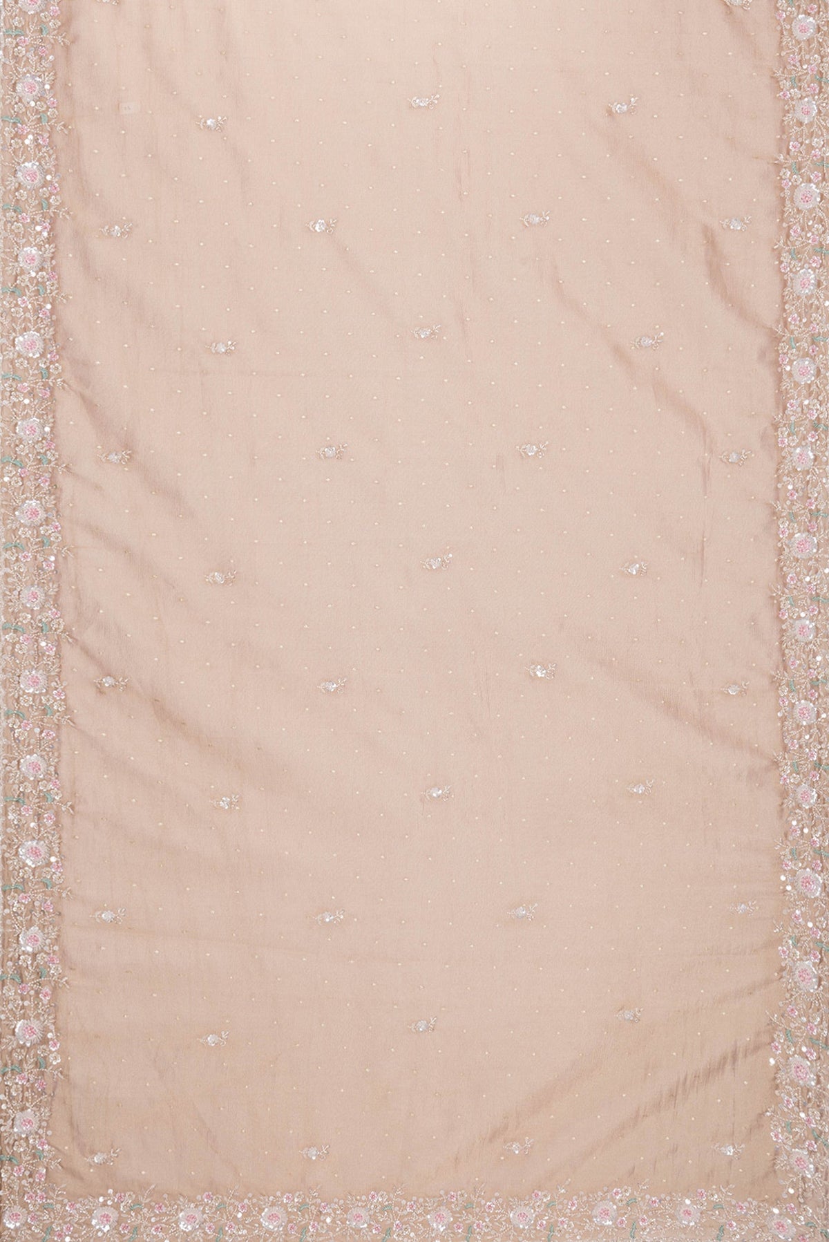 Flat view of Rose Gold Dual Tone Organza Silk Saree with Embroidery on the body and Embroidery Border. 