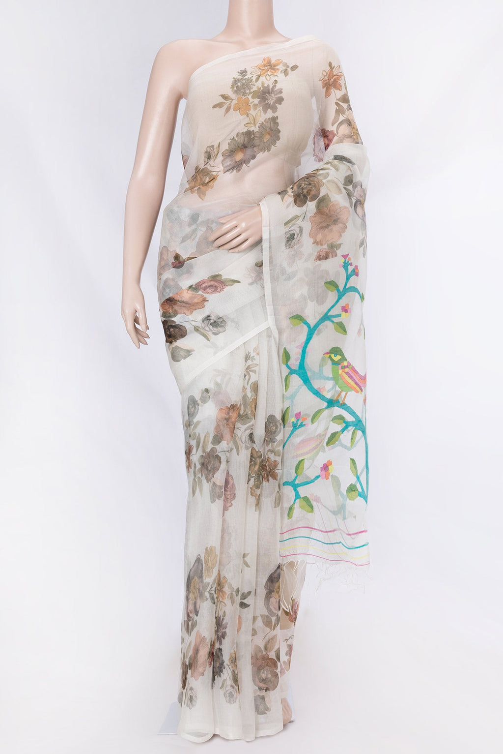 Off White Dual Tone Linen Saree with Printed design on the body and Without Border displayed on a mannequin