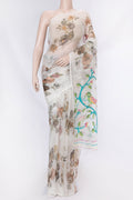 Off White Dual Tone Linen Saree with Printed design on the body and Without Border displayed on a mannequin