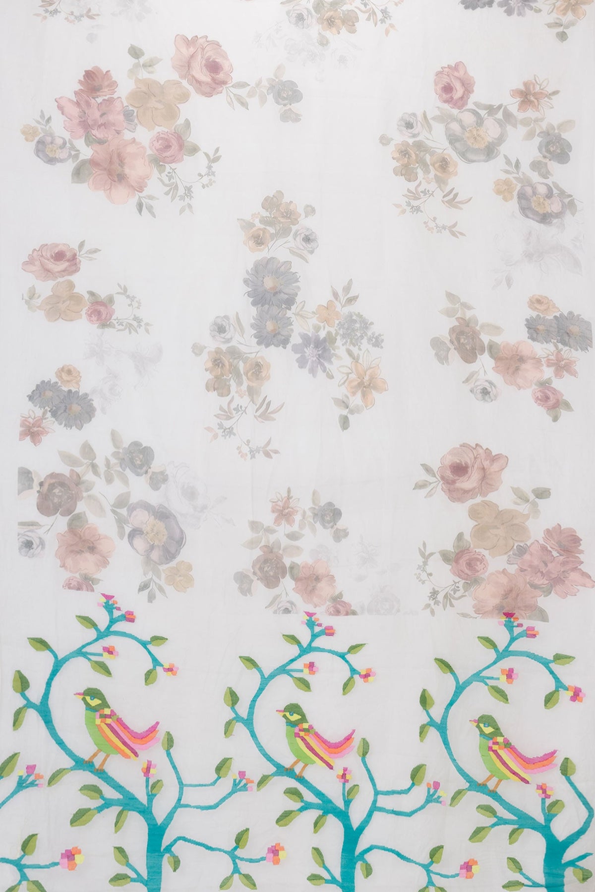 Flat view of Off White Dual Tone Linen Saree with Printed design on the body and Without Border
