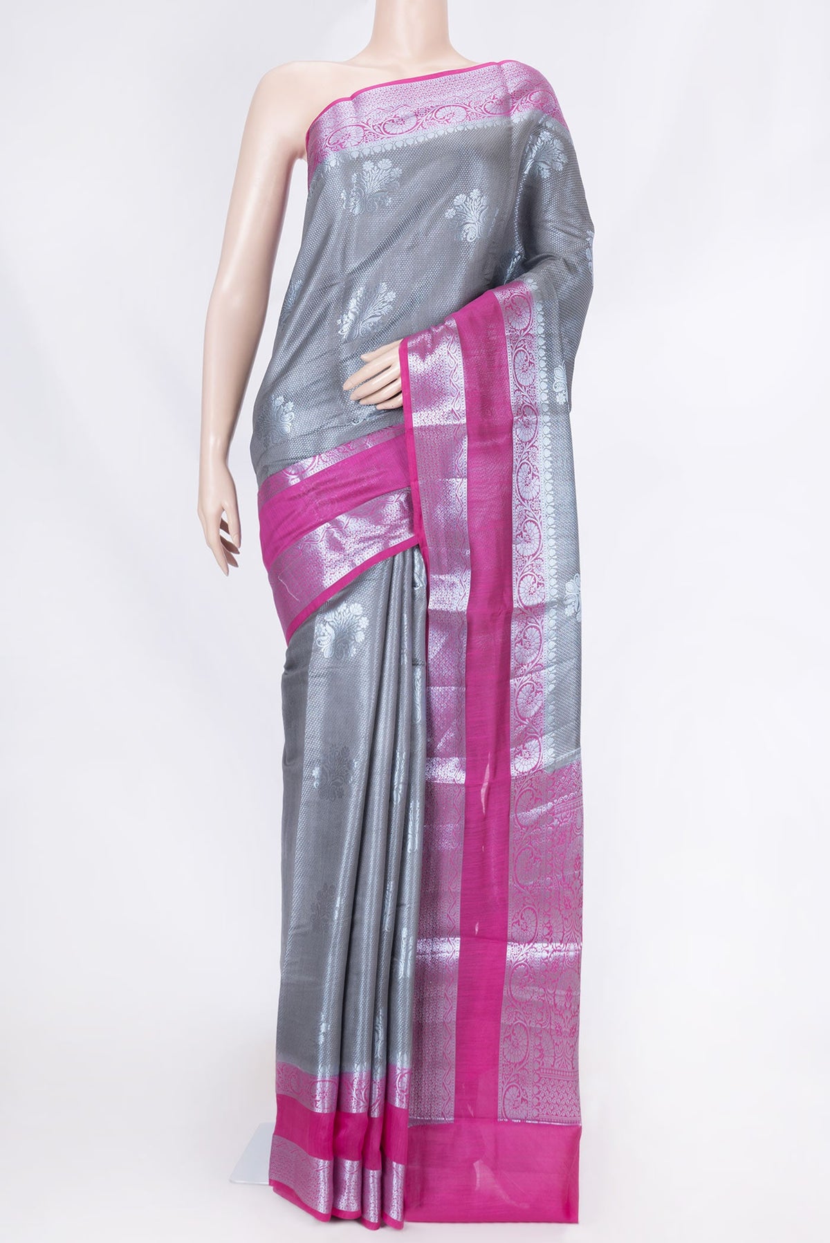 Grey Banarasi Raw Silk Saree with Zari Brocade on the body and Zari Border displayed on a mannequin
