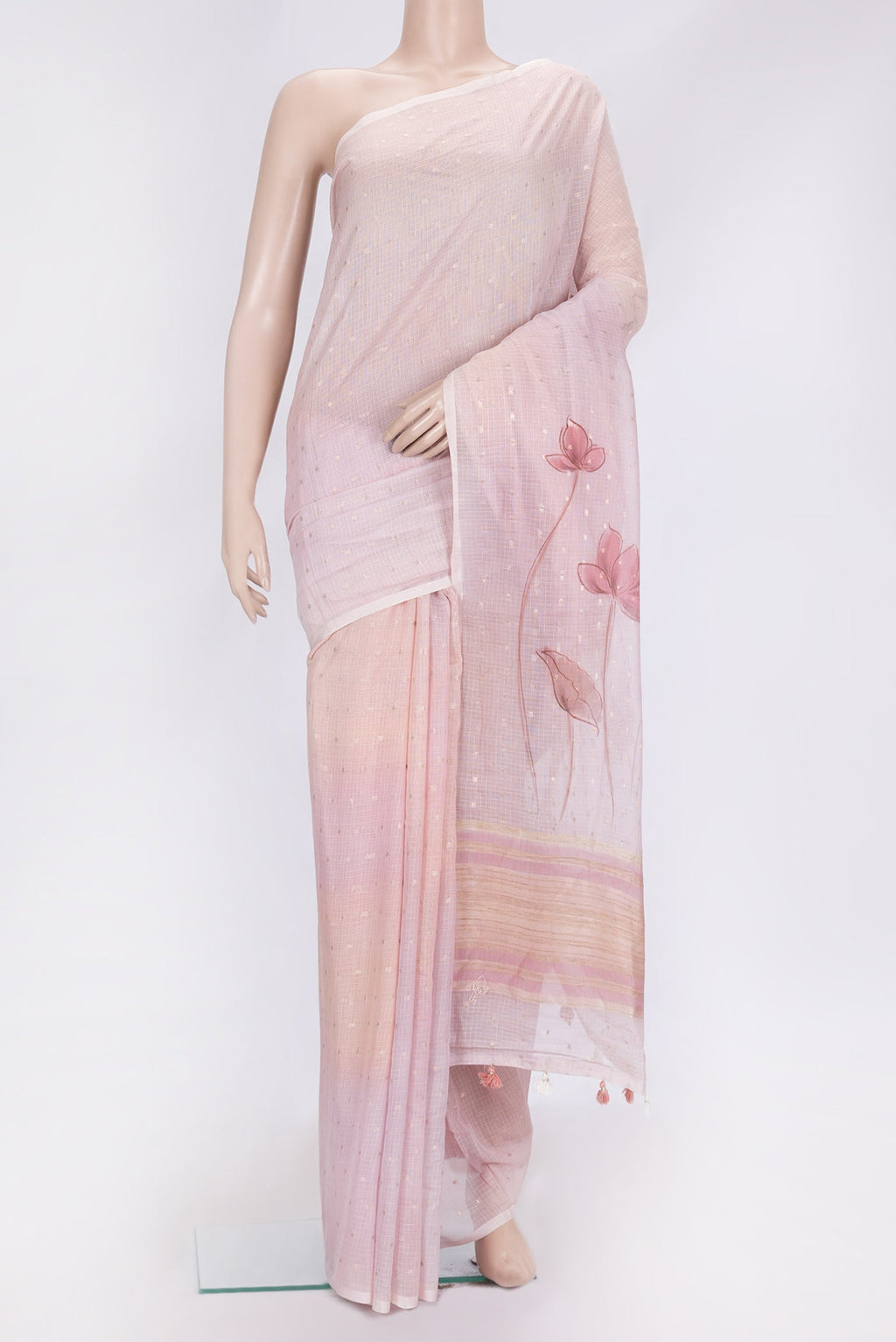 Rose Gold Dual Tone Kota Silk Saree with Zari Butta on the body and Without Border.  displayed on a mannequin