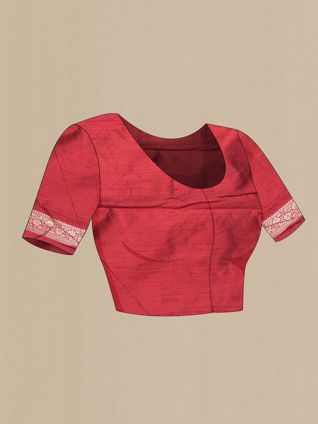 Close up image of the blouse of Maroon Dual Tone Raw Silk Saree with Zari Butta on the body and Zari Border. 