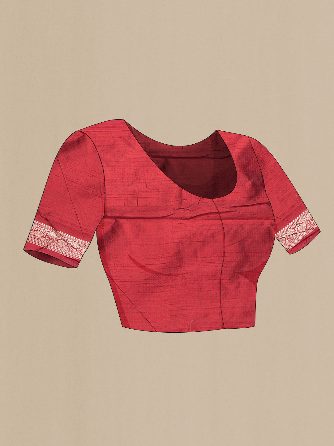 Close up image of the blouse of Maroon Dual Tone Raw Silk Saree with Zari Butta on the body and Zari Border. 