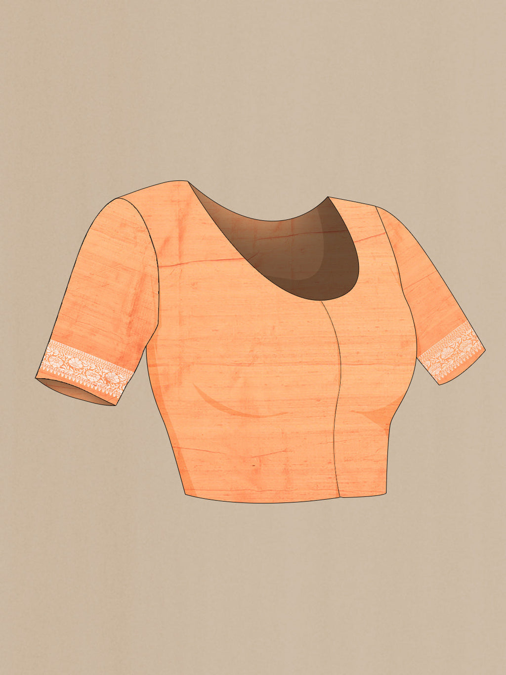 Close up image of the blouse of Orange Dual Tone Raw Silk Saree with Zari Brocade on the body and Zari Border