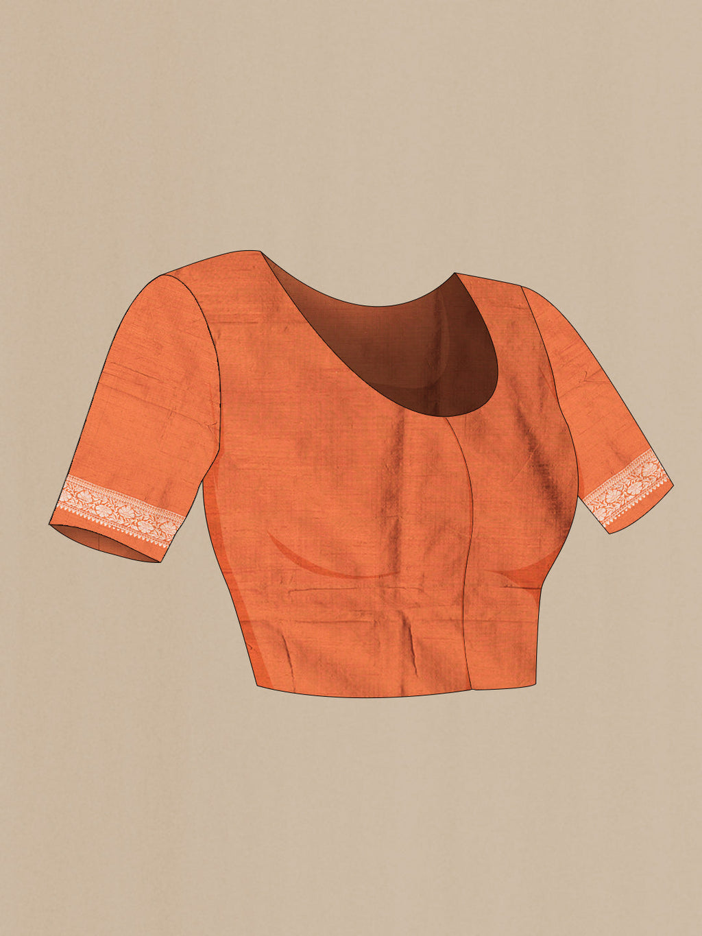 Close up image of the blouse of Brick Orange Dual Tone Raw Silk Saree with Zari Brocade on the body and Zari Border