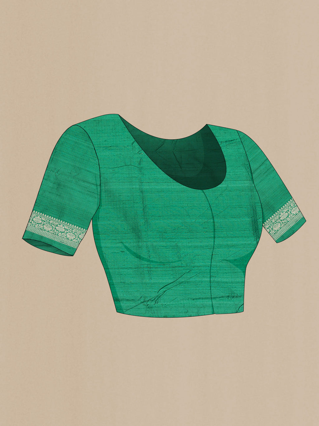 Close up image of the blouse of Green Dual Tone Raw Silk Saree with Zari Brocade on the body and Zari Border