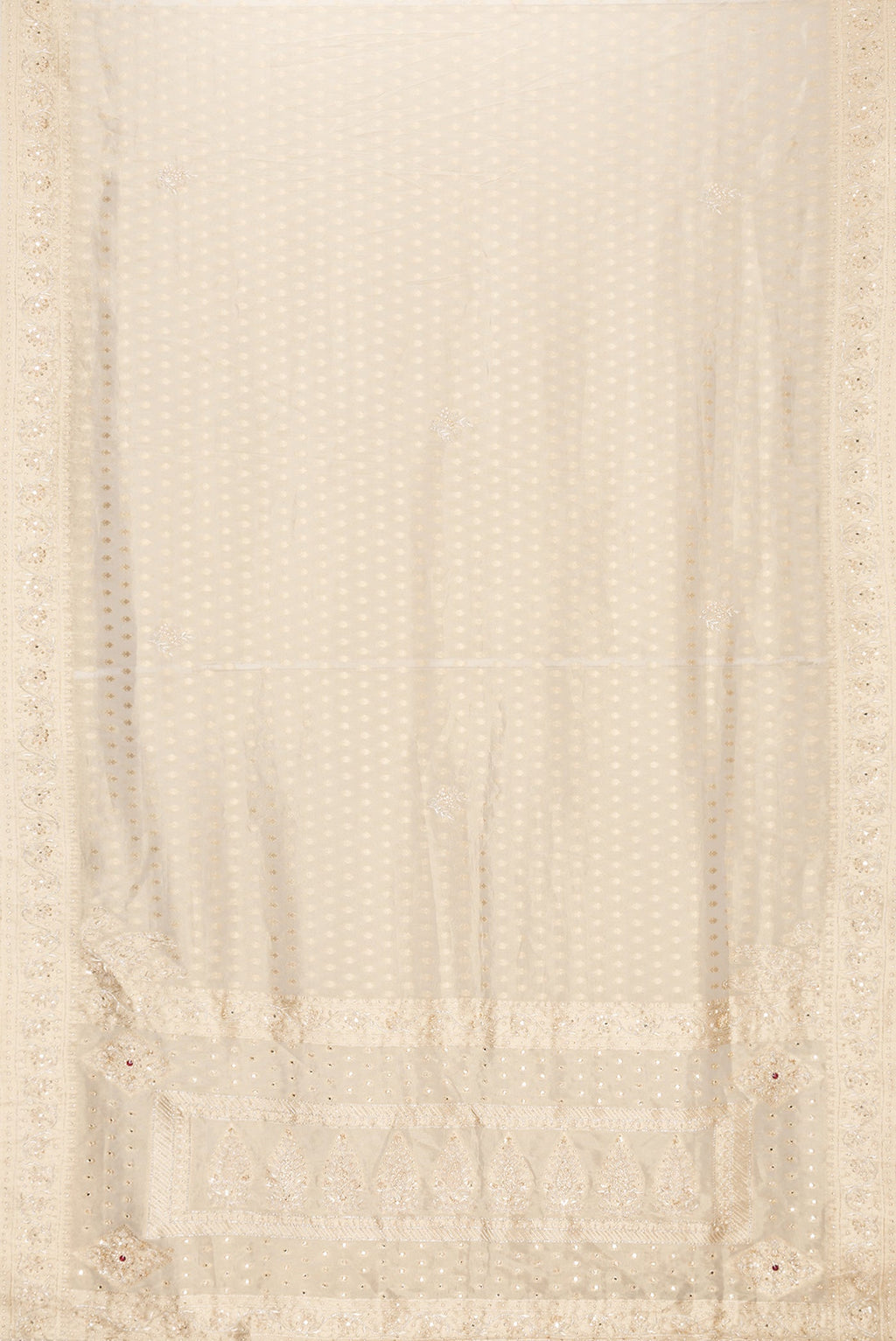 Flat view of Gold Dual Tone Banarasi Georgette Saree with Zari Brocade on the body and Embroidery Border. 