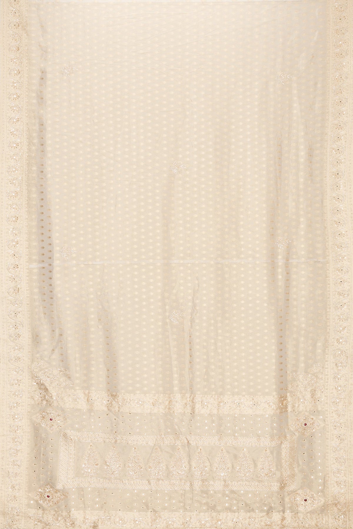 Flat view of Gold Dual Tone Banarasi Georgette Saree with Zari Brocade on the body and Embroidery Border. 