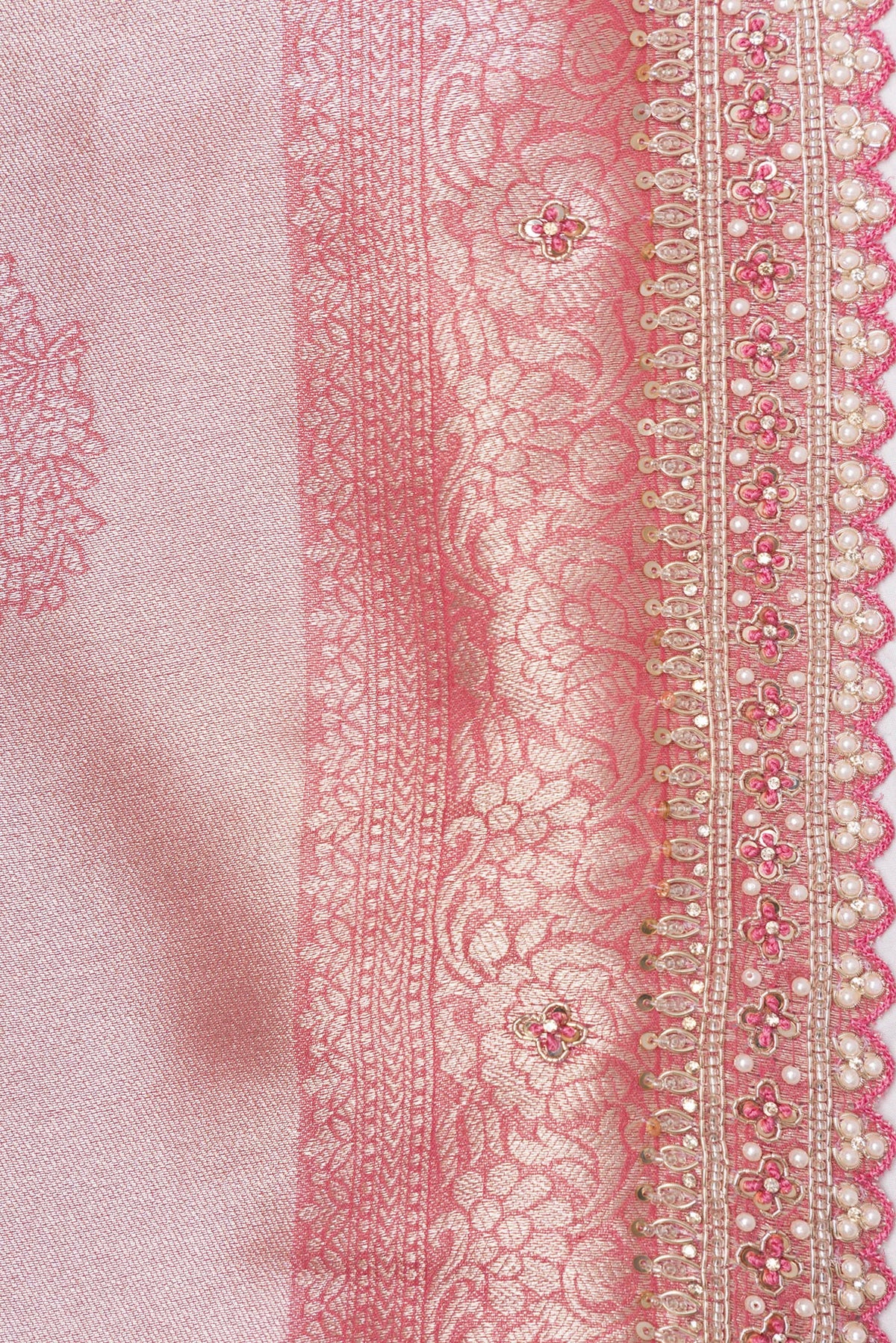 Border image of Rose Gold Dual Tone Banarasi Georgette Saree with Embroidery on the body and Embroidery Border. 