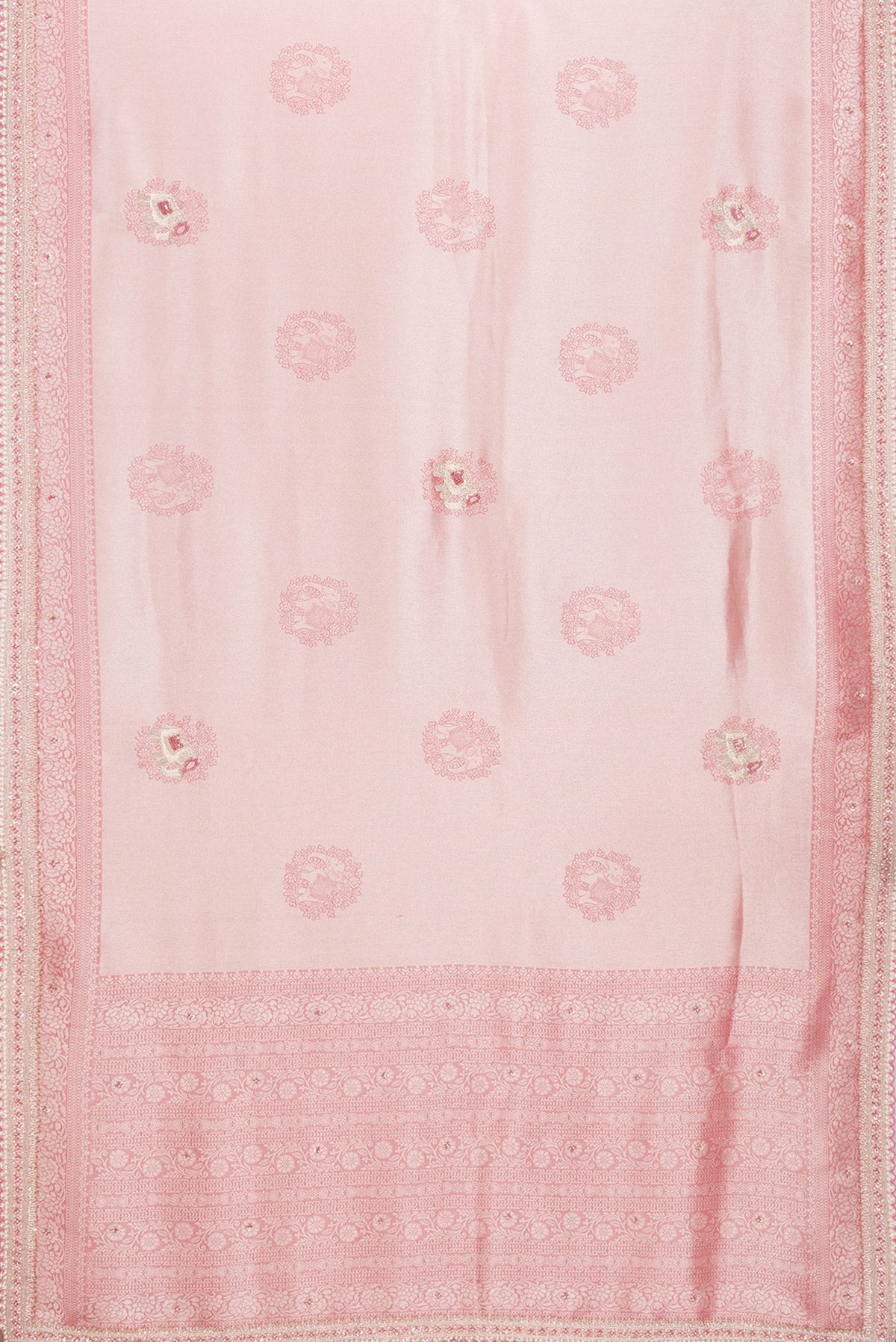 Flat view of Rose Gold Dual Tone Banarasi Georgette Saree with Embroidery on the body and Embroidery Border. 