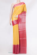 Yellow Dual Tone Banarasi Raw Silk Saree with Zari Brocade on the body and Zari Border.  displayed on a mannequin