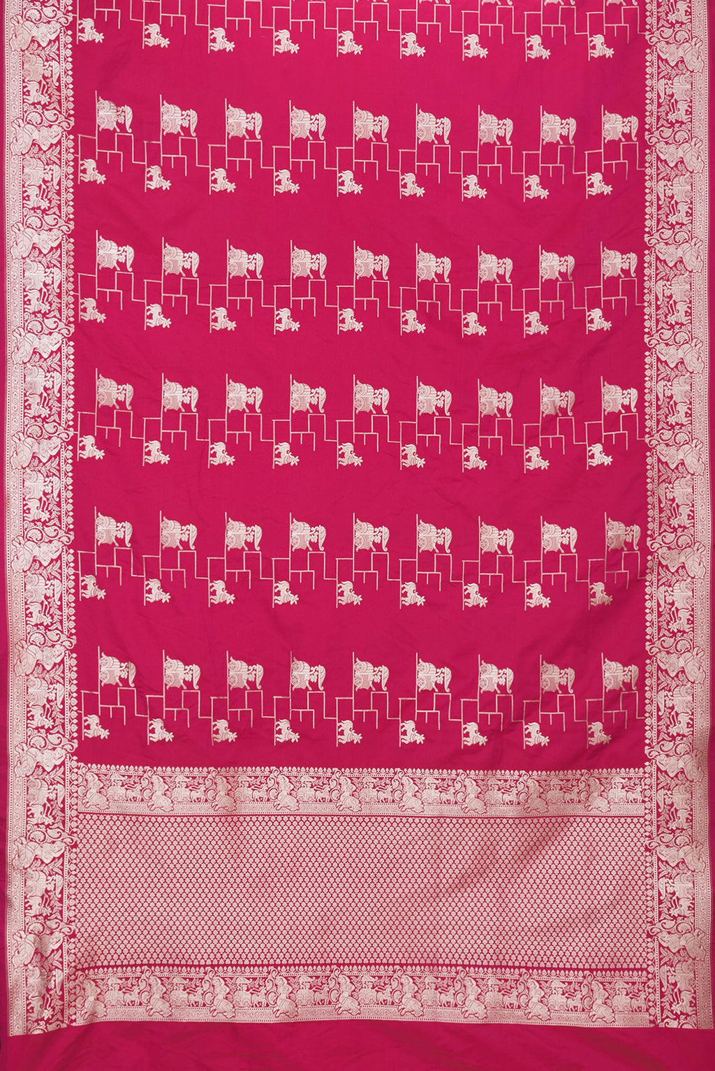Flat view of Dark Pink Dual Tone Banarasi Silk Saree with Zari Butta on the body and Fancy Border. 
