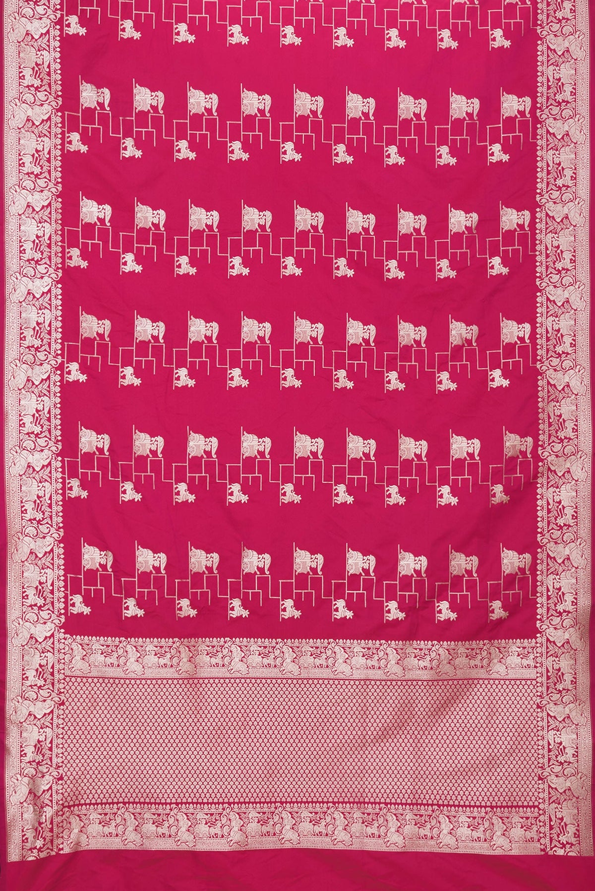 Flat view of Dark Pink Dual Tone Banarasi Silk Saree with Zari Butta on the body and Fancy Border. 