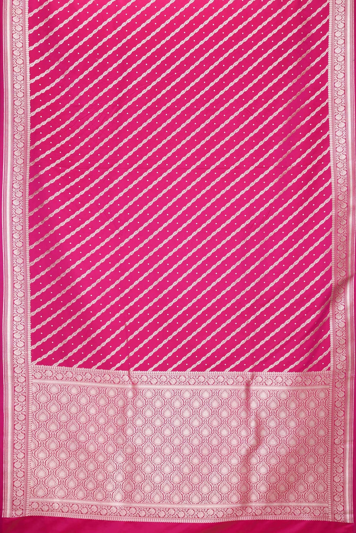 Flat view of Pink Dual Tone Blended Banarasi Silk Saree with Zari Brocade on the body and Zari Border. 