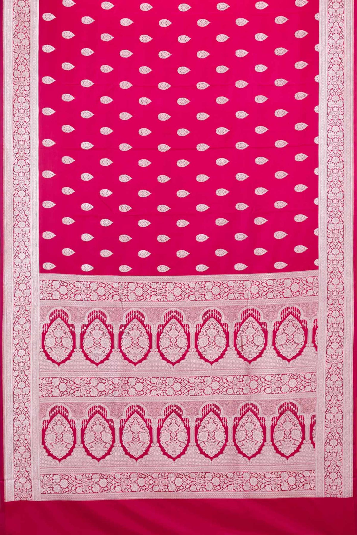 Flat view of Dark Pink Dual Tone Blended Banarasi Saree with Zari Butta on the body and Zari Border. 