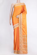 Yellow Dual Tone Banarasi Silk Saree with Plain Body and Fancy Border.  displayed on a mannequin