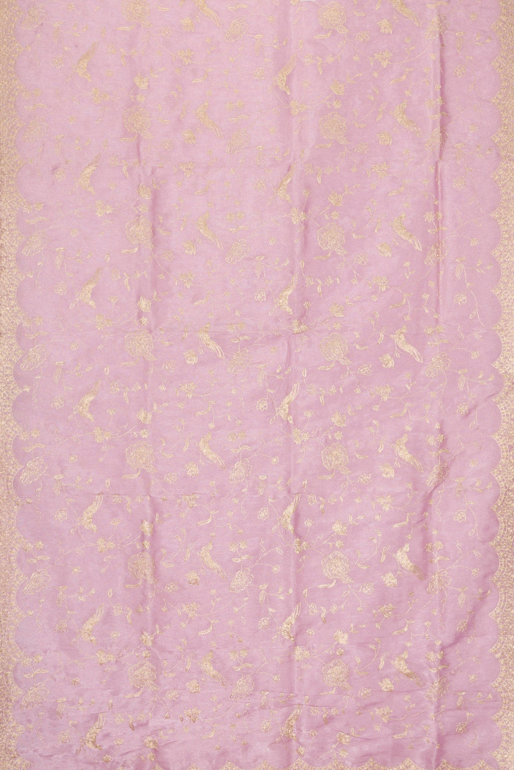 Flat view of Lavender Dual Tone Blended Organza Silk Saree with Embroidery on the body and Embroidery Border. 