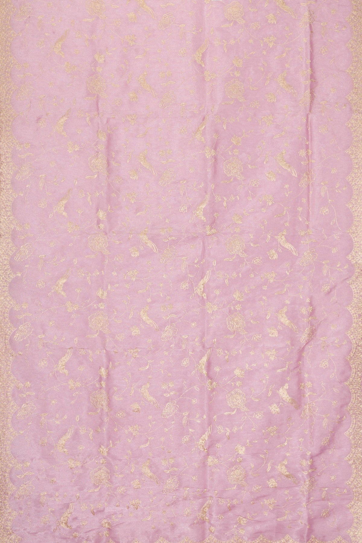 Flat view of Lavender Dual Tone Blended Organza Silk Saree with Embroidery on the body and Embroidery Border. 