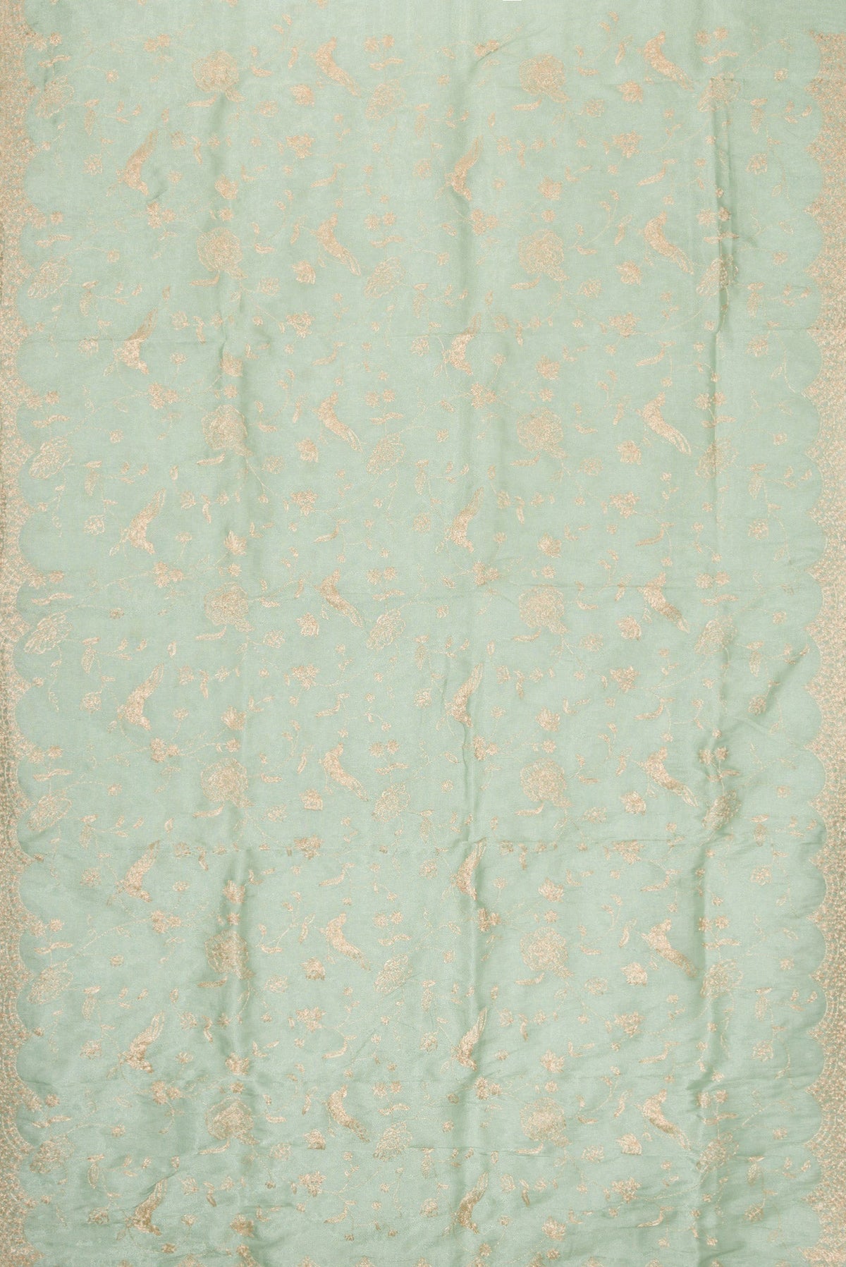 Flat view of Sea Green Dual Tone Blended Organza Silk Saree with Embroidery on the body and Embroidery Border. 