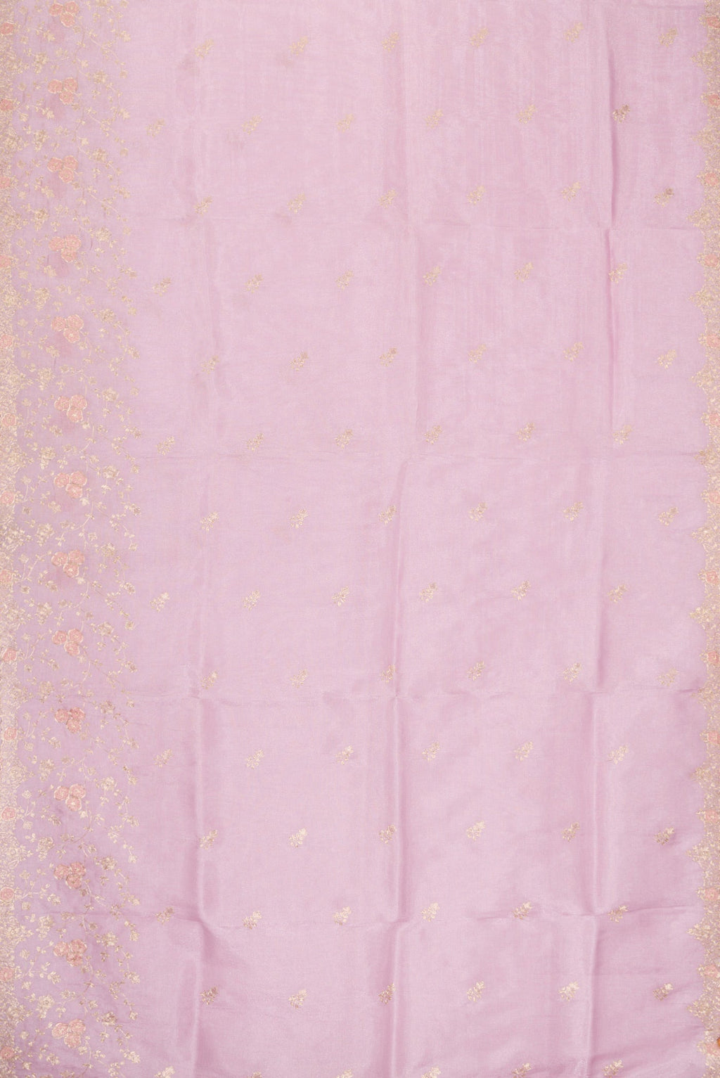 Flat view of Lavender Dual Tone Blended Organza Silk Saree with Embroidery on the body and Embroidery Border. 
