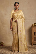 Model wearing a Sandal Blended Organza Silk Saree with Embroidery on the body and Embroidery Border.