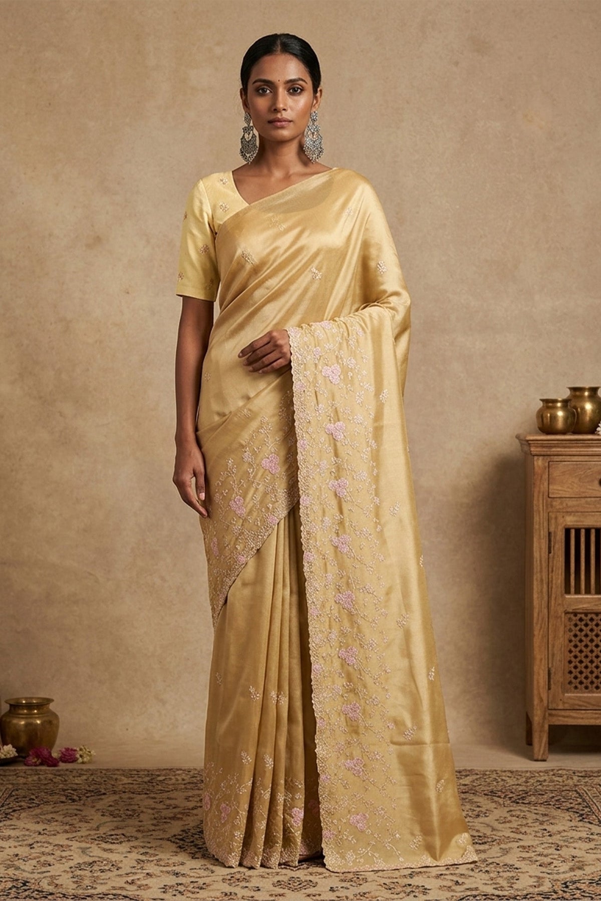 Model wearing a Sandal Blended Organza Silk Saree with Embroidery on the body and Embroidery Border.