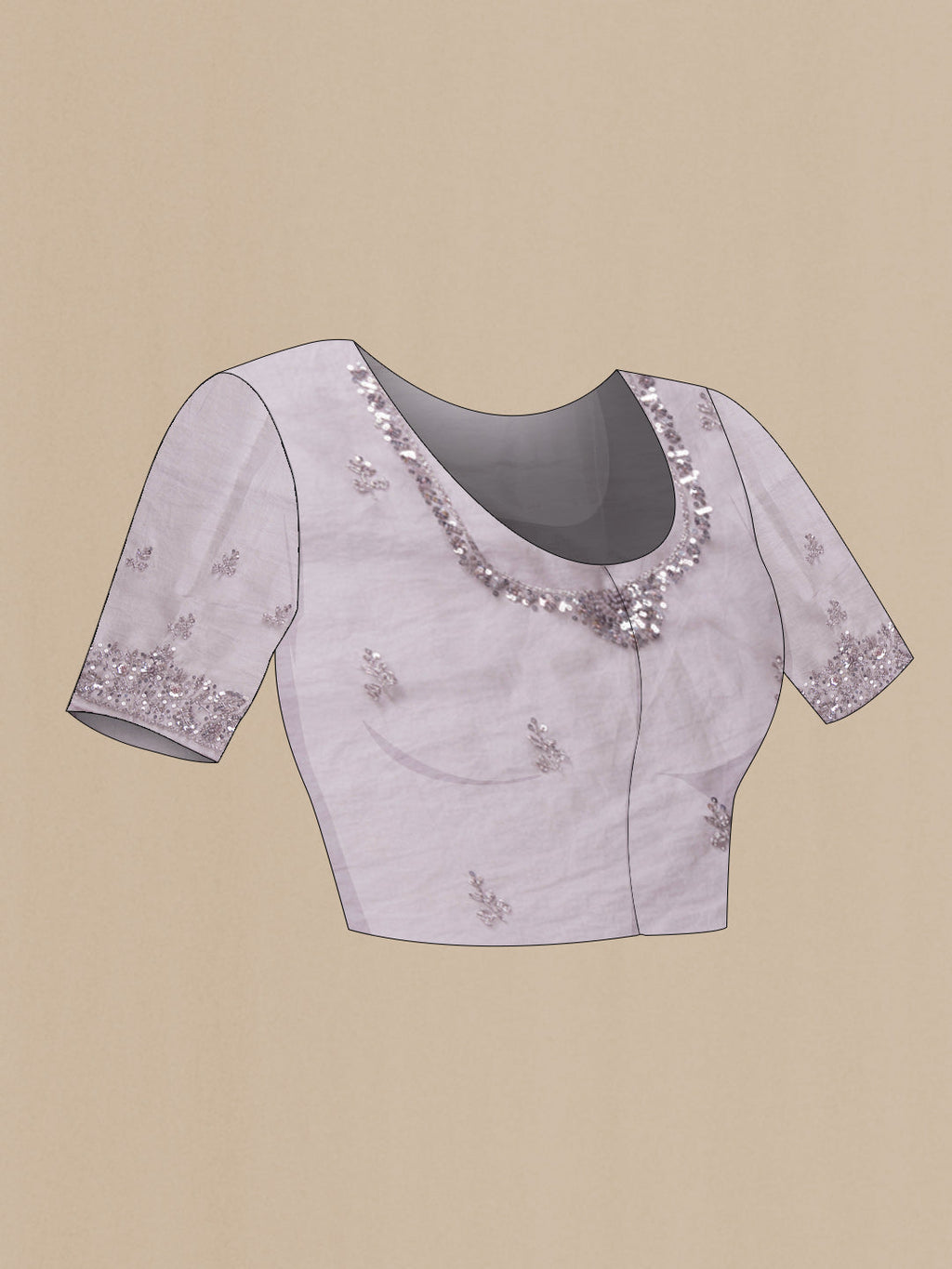 Close up image of the blouse of Lilac Dual Tone Organza Silk Saree with Embroidery on the body and Embroidery Border. 