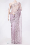 Lilac Dual Tone Organza Silk Saree with Embroidery on the body and Embroidery Border.  displayed on a mannequin