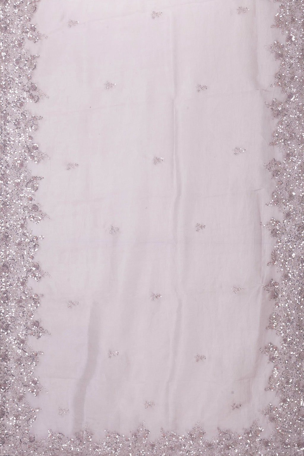 Flat view of Lilac Dual Tone Organza Silk Saree with Embroidery on the body and Embroidery Border. 
