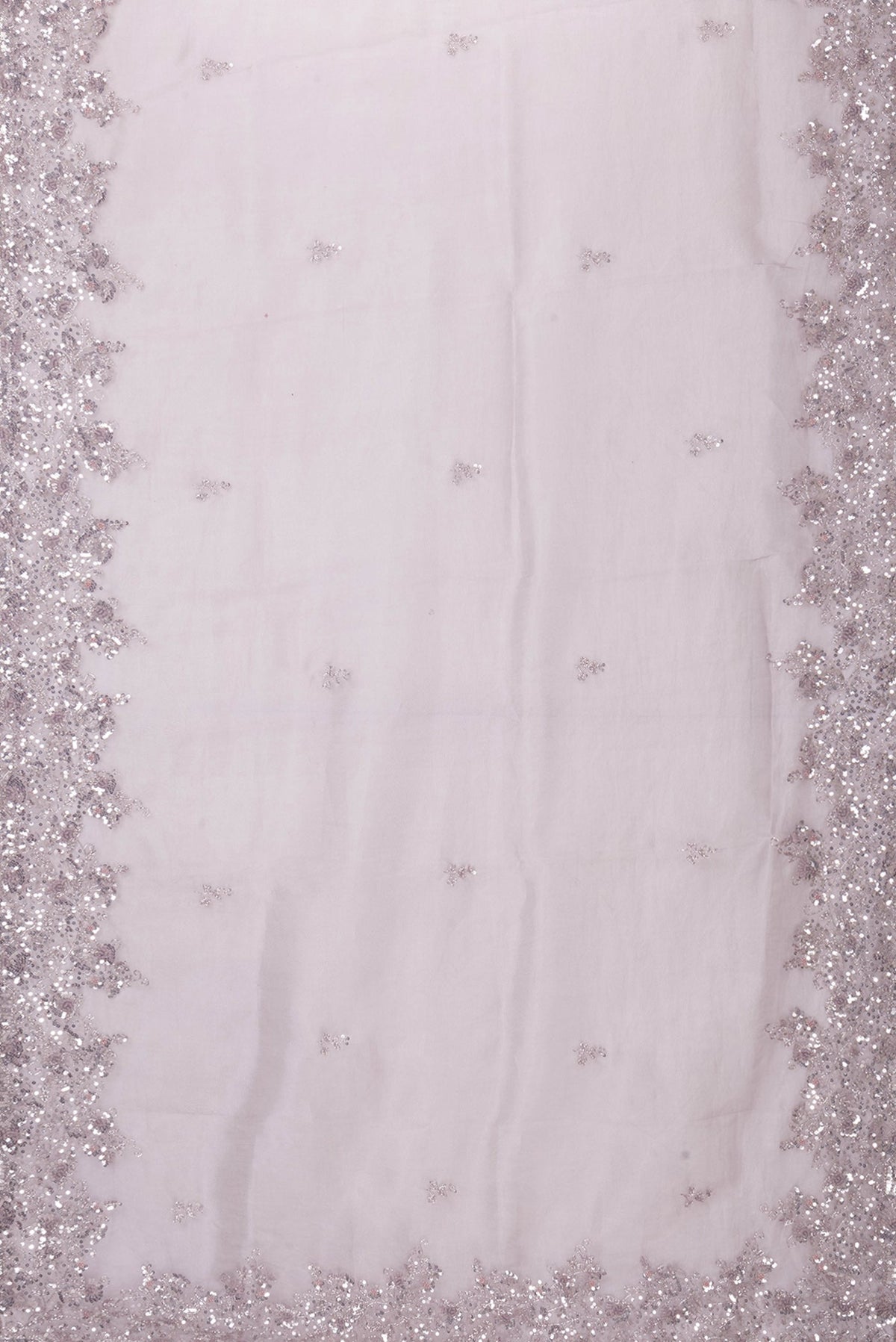 Flat view of Lilac Dual Tone Organza Silk Saree with Embroidery on the body and Embroidery Border. 