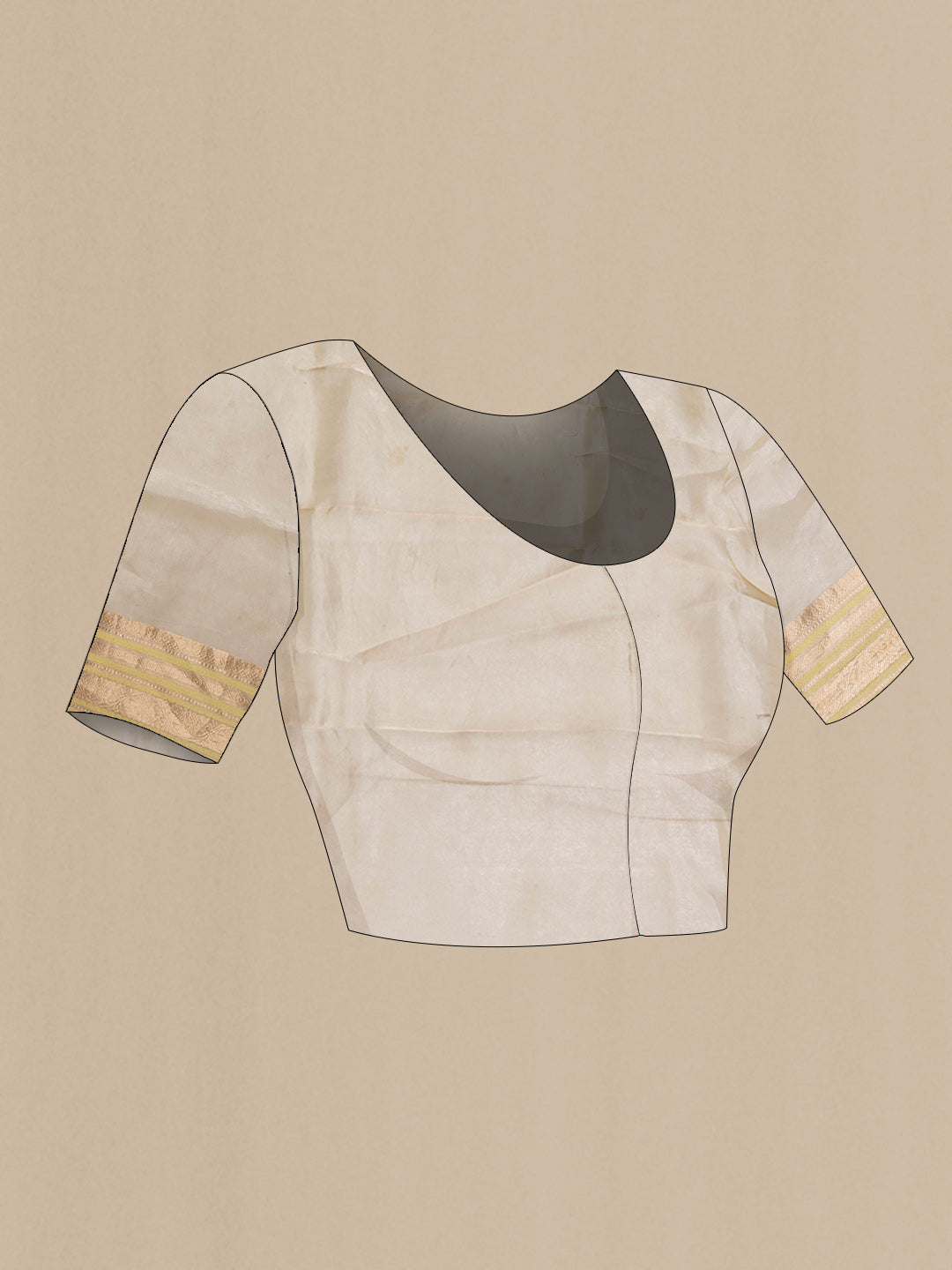 Close up image of the blouse of Gold Dual Tone Organza Silk Saree with Zari And Thread Butta on the body and Zari Border