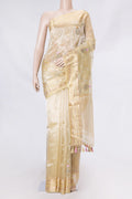 Gold Dual Tone Organza Silk Saree with Zari And Thread Butta on the body and Zari Border displayed on a mannequin