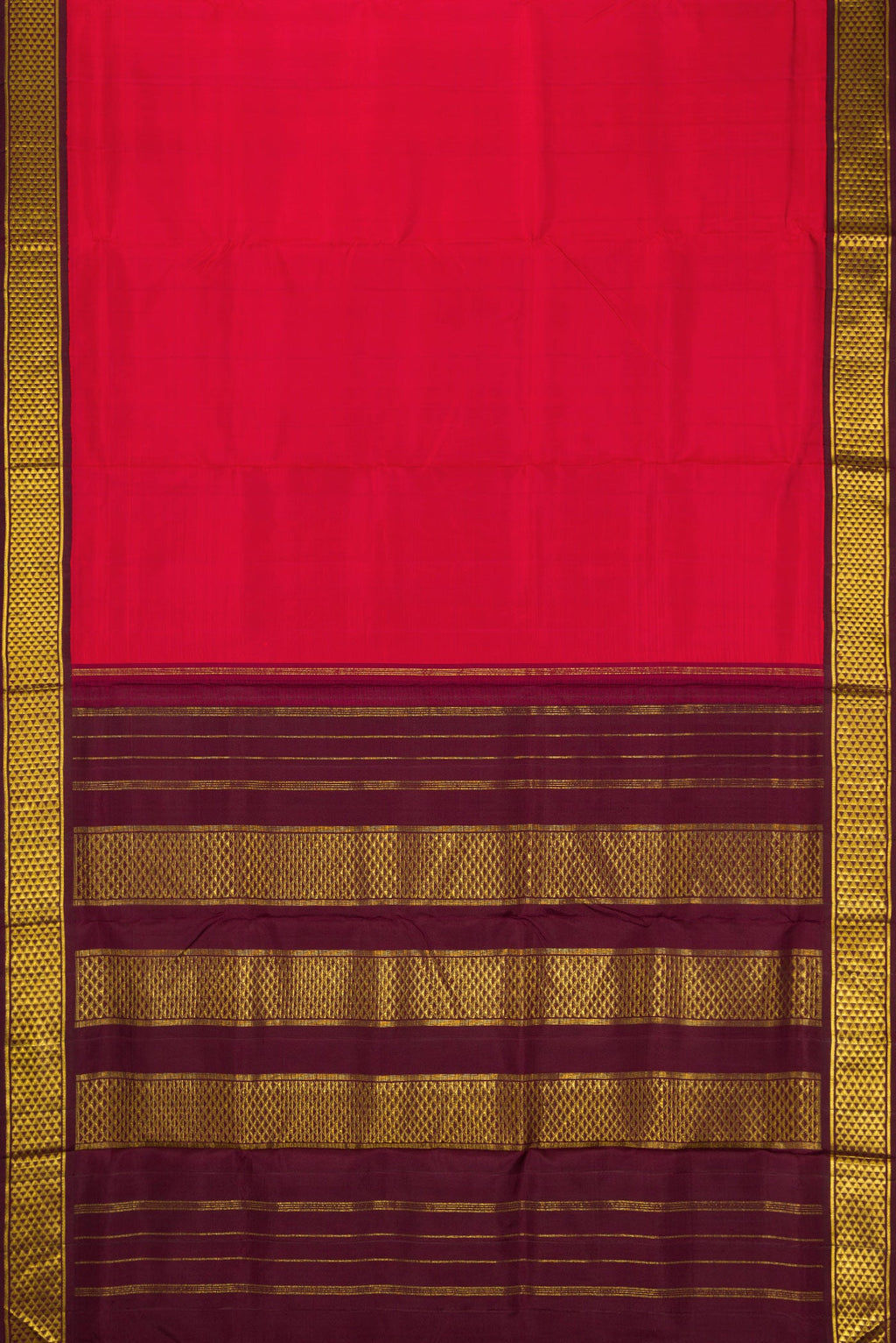 Flat view of Pure Silk Pure Zari Red Dual Tone Kanjivaram Nine Yards Saree with Plain Body and Zari Border. 