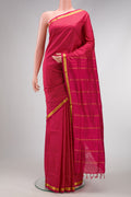 Maroon Dual Tone Kanchipuram Silk Nine Yards Saree with Checked design on the body and Zari Border.  displayed on a mannequin