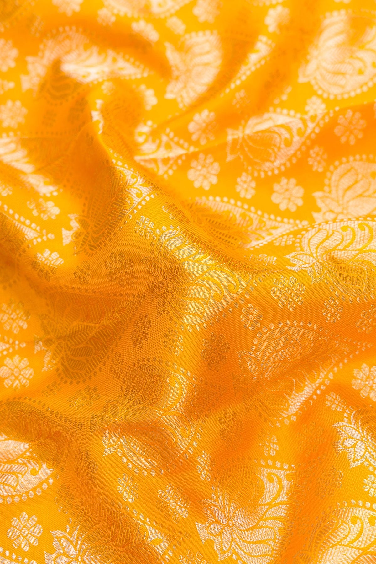 Close up of Mustard Dual Tone Kanjivaram Silk Saree with Zari Brocade on the body and Zari Border.  displaying folds