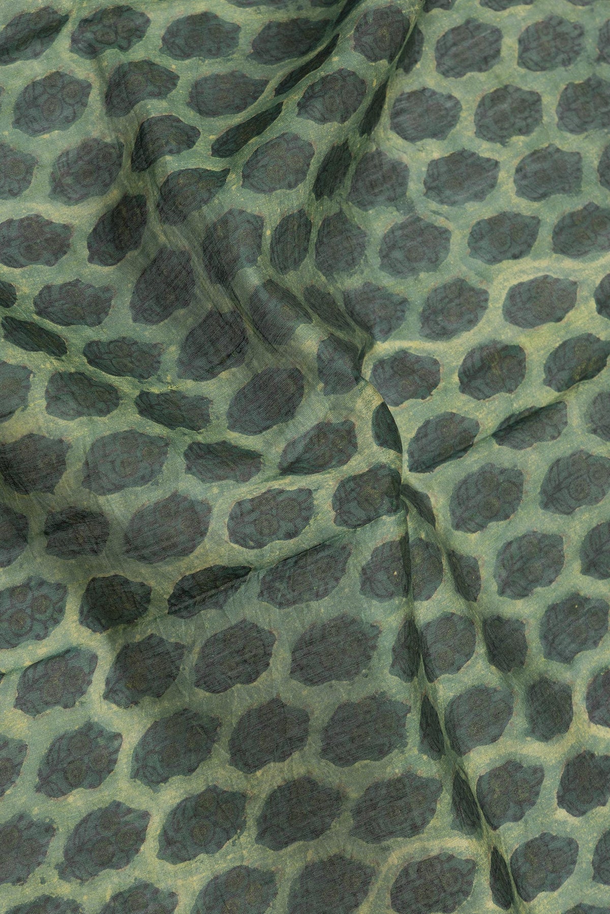 Close up of Green Dual Tone Chanderi Silk Saree with Printed design on the body and Zari Border.  displaying folds