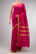 Dark Mauve Dual Tone Kanchipuram Silk Nine Yards Saree with Plain Body and Zari Border.  displayed on a mannequin