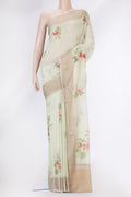 Pista Green Dual Tone Chanderi Silk Saree with Printed design on the body and Thread Border.  displayed on a mannequin
