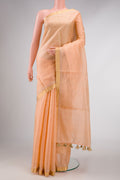 Orange Dual Tone Tussar Silk Saree with Stripes on the body and Zari Border displayed on a mannequin