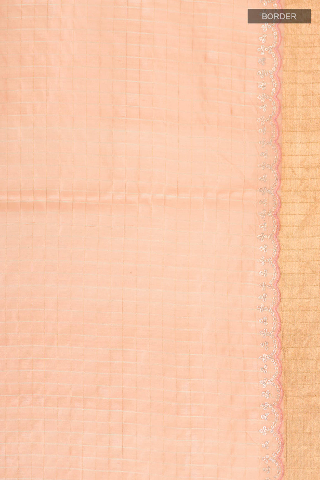 Border image of Peach Raw Silk Saree Checked design on the body and Zari Border