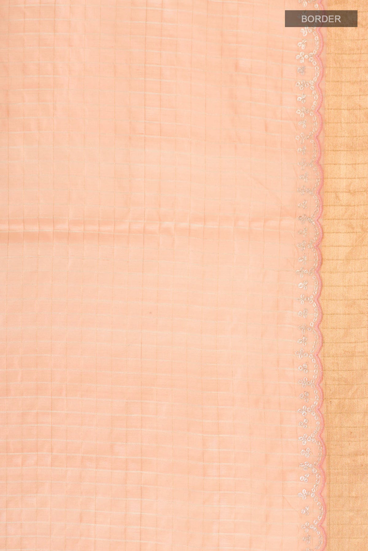 Border image of Peach Raw Silk Saree Checked design on the body and Zari Border