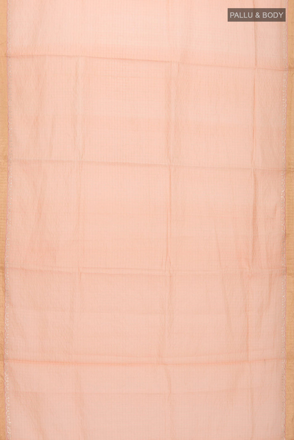 Flat view of Peach Raw Silk Saree Checked design on the body and Zari Border